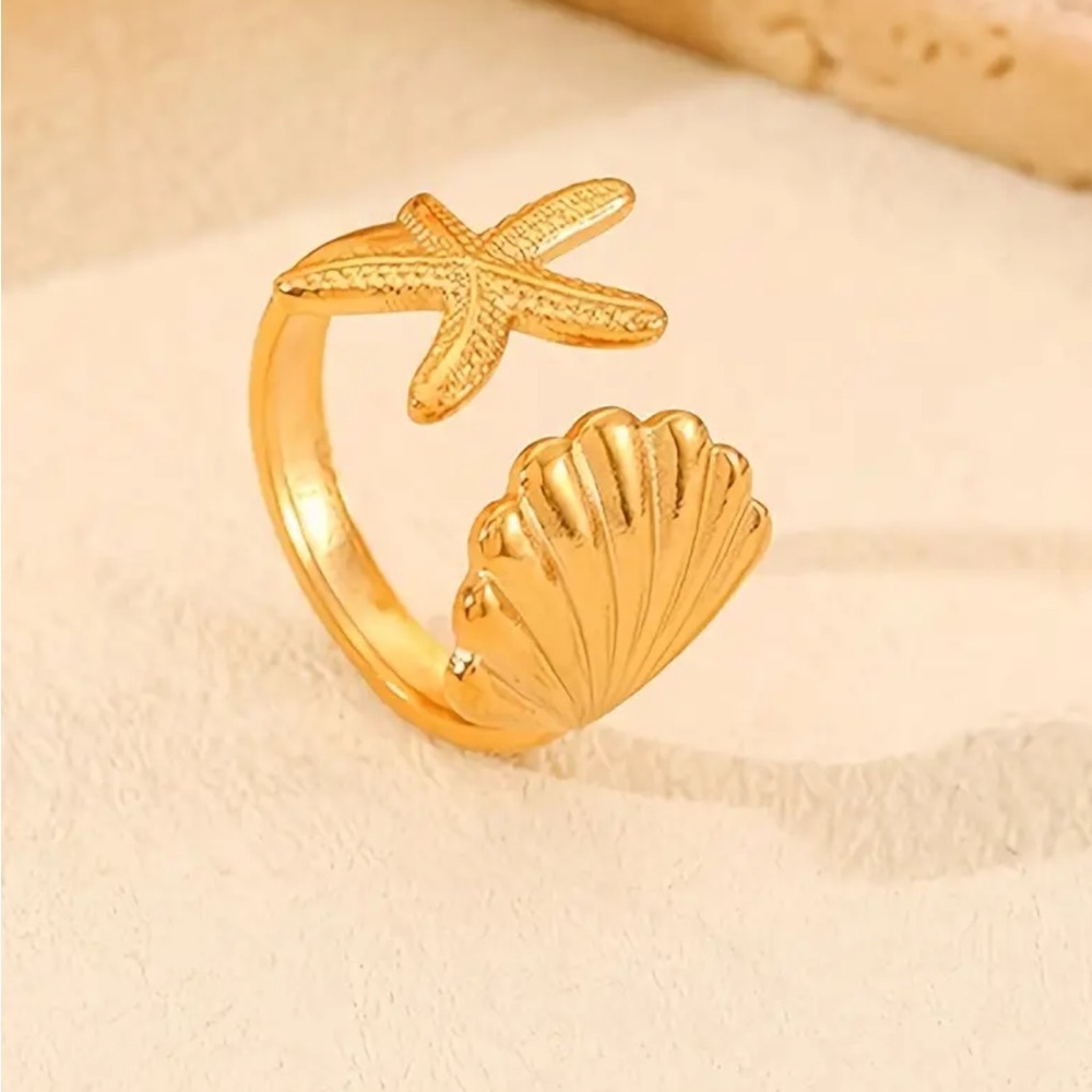 Fashion Jewelry Gold Starfish and Shell Ring